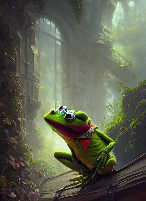 Image similar to Highly detailed portrait of Kermit the frog, Stephen Bliss, unreal engine, fantasy art by Greg Rutkowski, Loish, Rhads, ferdinand knab, Makoto Shinkai and Lois van baarle, ilya kuvshinov, rossdraws, Tom Bagshaw, alphonse mucha, global illumination, radiant light, detailed and intricate environment