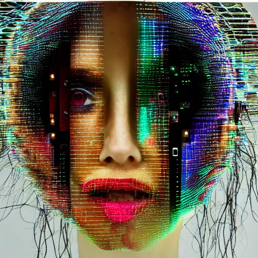 Image similar to woman cyborg, led display on forehead, wires, glitched, pixel sorting, mimmo rotella, alan bean, john chamberlain, peter kemp