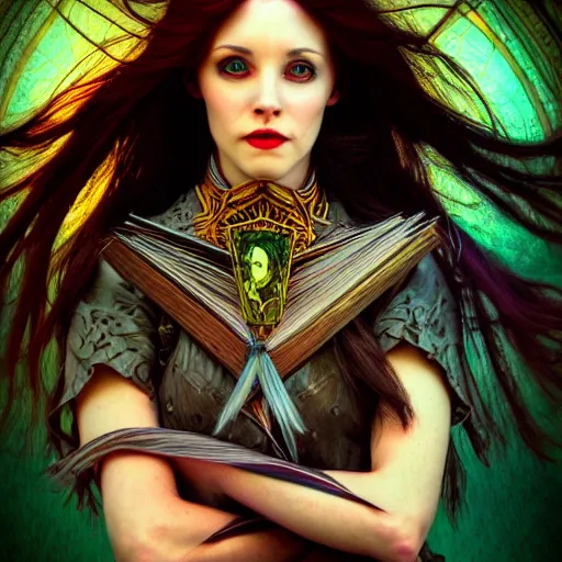 Image similar to portrait of a female human warlock ,fantasy, D&D, HDR, , natural light, medium close shot, dynamic pose, award winning photograph, Mucha style