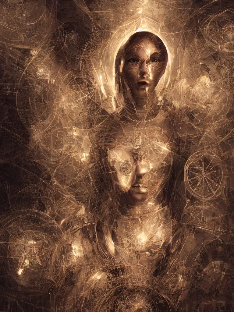 Image similar to a photo of a robotic woman covered in modular synthesizer parts surrounded by sacred geometry made from elven architecture, full body, perfect face, powerful, cinematic, beautifully lit, by bastien lecouffe - deharme, by karol bak, 3 d, octane render, 8 k