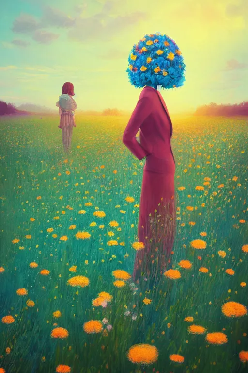 Prompt: closeup, giant flower head, girl in suit stitting in a field of flowers, surreal photography, sunrise, blue sky, dramatic light, impressionist painting, digital painting, artstation, simon stalenhag