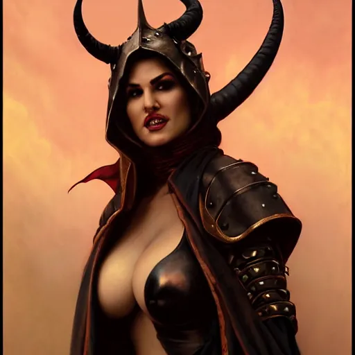 Image similar to portrait of sunny leone as a surly and resentful female tiefling thief with small horns clothed in leather armor and a cloak, angry expression, by Greg Rutkowski and John Collier and Krenz Cushart and Artem Demura and Alphonse Mucha and Albert Aublet, as seen on ArtStation, 4k, dungeons and dragons, very aesthetic, very detailed, intricate, unreal, fantasy, dramatic, painterly, artstation, sharp focus, smooth