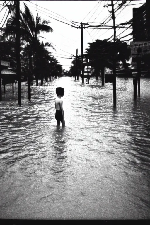 Image similar to photo polaroid of sad and lonely child in the middle of a completely flooded street in bangkok, loneliness, black and white ,photorealistic, 35mm film,