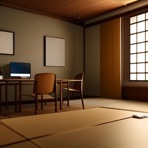 Prompt: still photo of a japanese study room, highly detailed, photorealistic portrait, bright studio setting, studio lighting, crisp quality and light reflections, unreal engine 5 quality render