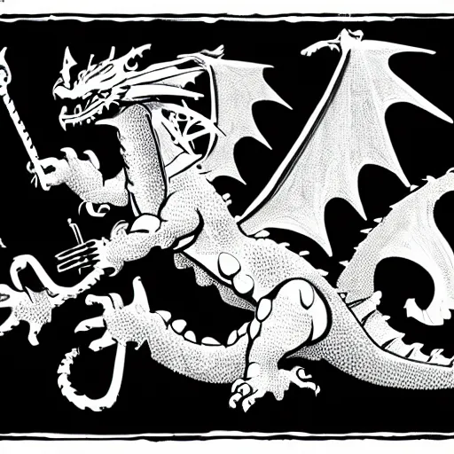 Image similar to detailed image of a Mike Mignola style dragon and of a castle
