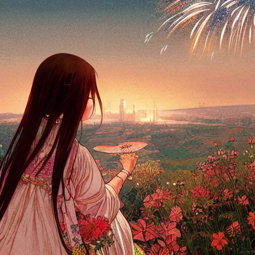 Image similar to girl watching watching fireworks on a hill, digital art, by range murata, akiyuki shinbou, alphonse mucha, highly detailed, realistic, cinematic