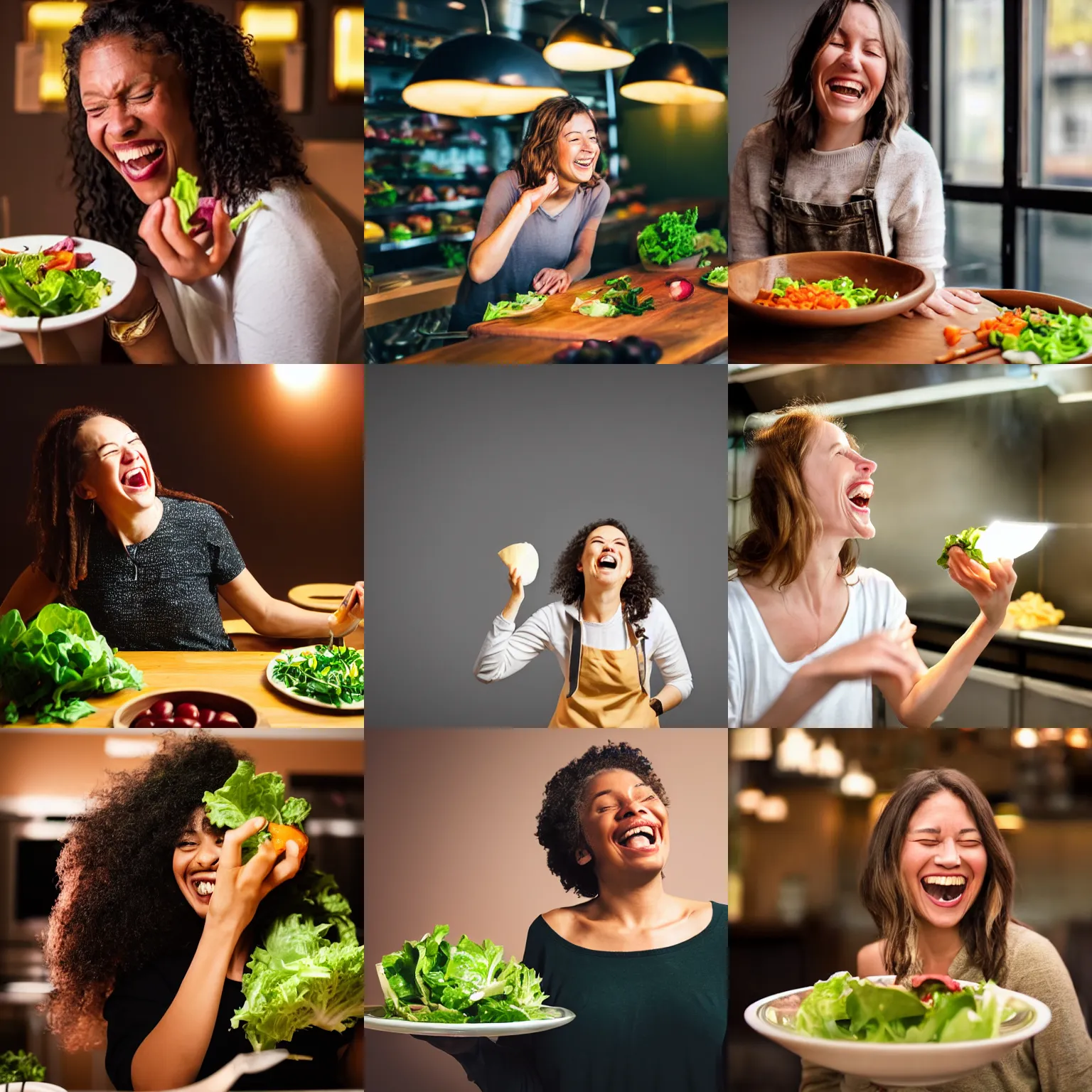 Prompt: Woman laughing at salad, dramatic lighting