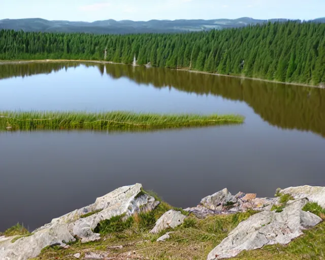 Image similar to my teeth are sharp. there is a lake in the foreground with water reflections.