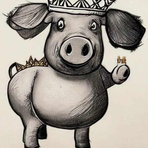 Image similar to detailed sketches of a pig wearing a gold crown by Bill Watterson drawn like saturday morning cartoons