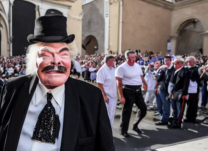 Prompt: photo still of rip taylor at the popes funeral!!!!!!!! at age 5 4 years old 5 4 years of age!!!!!!! throwing confetti from a bucket at the grave, 8 k, 8 5 mm f 1. 8, studio lighting, rim light, right side key light