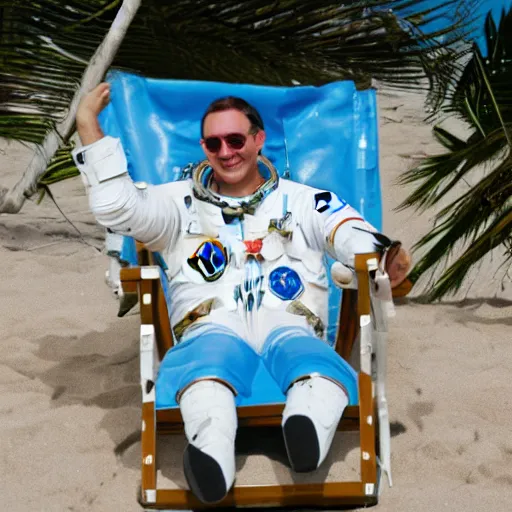 Prompt: astronaut in a space suit lounging on a beach chair at the beach having pina colada