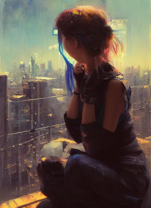 Prompt: girl sitting on a rooftop, cyberpunk, medium shot, expressive oil painting, by yoshitaka amano, by jeremy lipking, by artgerm, by wlop, digital art