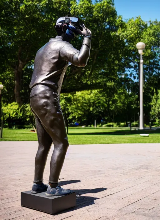 Image similar to photo still of a bronze statue of a man gaming in vr in a park on a bright sunny day, 8 k 8 5 mm f 1 6