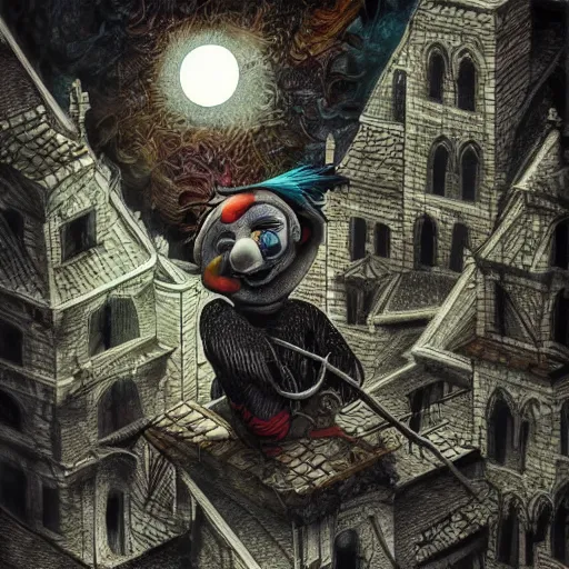 Image similar to a clown on the roof of the church playing with crows, by android jones and m. c. escher collaboration, futurist, digital art, dramatic lighting, symbolic