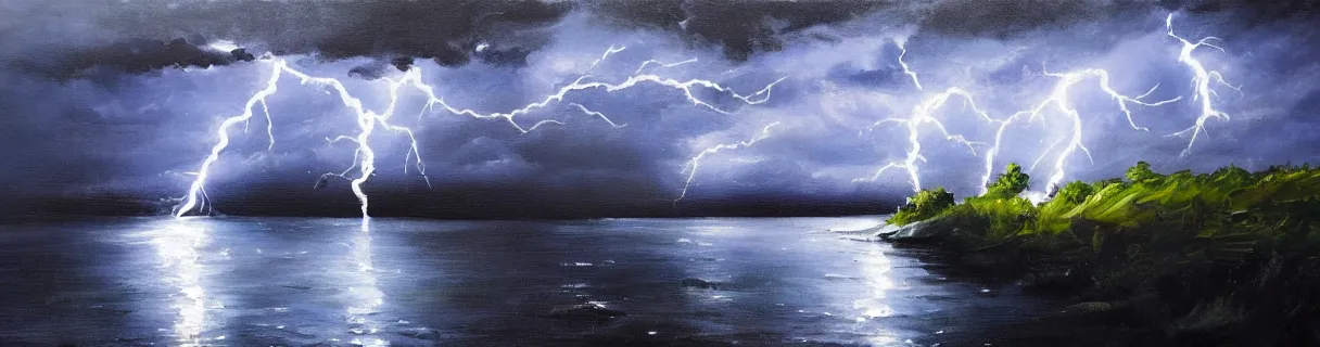 Image similar to lightning in the distance epic landscape painting heavy brushstrokes thick oil paint smears ultrawide