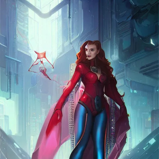 Image similar to a portrait of a beautiful cybernetic scarlett witch, cyberpunk concept art by pete mohrbacher and wlop and artgerm and josan gonzales, digital art, highly detailed, intricate, sci-fi, sharp focus, Trending on Artstation HQ, deviantart, unreal engine 5, 4K UHD image