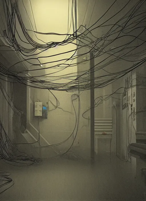 Prompt: rgb wires, basement, cinematic, movie scene, inspired by zdzislaw beksinski, veins,, cables everywhere, bedroom, ultra realistic, concept art, intricate details, highly detailed, photorealistic, octane render, 8 k