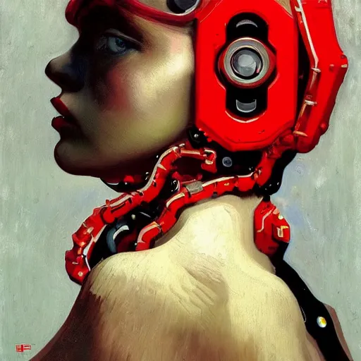 Image similar to Van Gogh portrait painting of a cyborg girl with black and red robotic parts, medium shot, asymmetrical, profile picture, Organic Painting, sunny day, Matte Painting, bold shapes, hard edges, street art, trending on artstation, by Huang Guangjian and Gil Elvgren and Sachin Teng