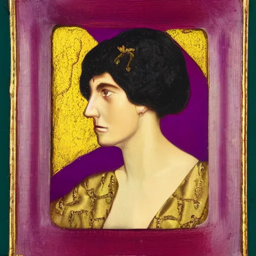 Prompt: portrait of woman with gold and purple wings