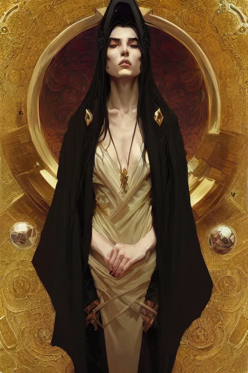 Prompt: Portrait of a Holy Necromancer, female, beautiful, golden robes, exquisite black accessories, highly detailed, digital painting, illustration, fantasy, by Krenz Cushart and Artem Demura and alphonse mucha