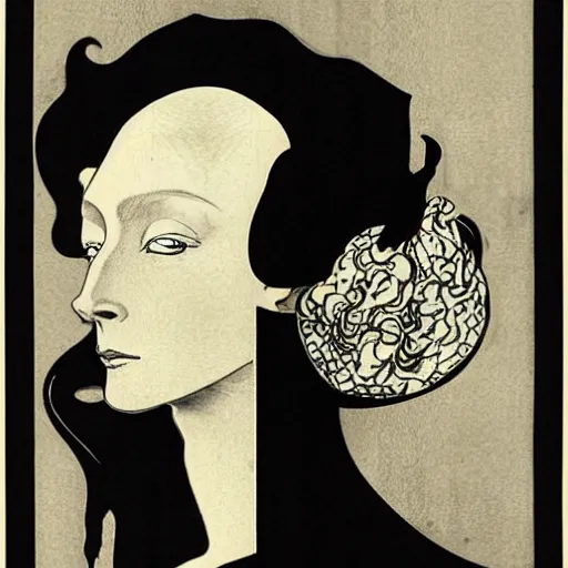 Prompt: Tilda Swinton posing like a gamer, black ink illustration, woodblock print, by Aubrey Beardsley, Alphonse Mucha, Tolouse-Lautrec