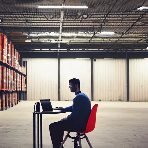 Image similar to a close up man using a laptop inside in warehouse, he sitting on chair and small table, polaroid photo, view from back