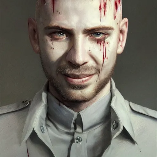 Image similar to portrait painting of a smiling police officer with pale skin short blond hair a patchy beard and blood stains on his mouth, sharp focus, ultra realistic, concept art, intricate details, eerie, highly detailed, photorealistic, octane render, 8 k, unreal engine. art by artgerm and charlie bowater and greg rutkowski