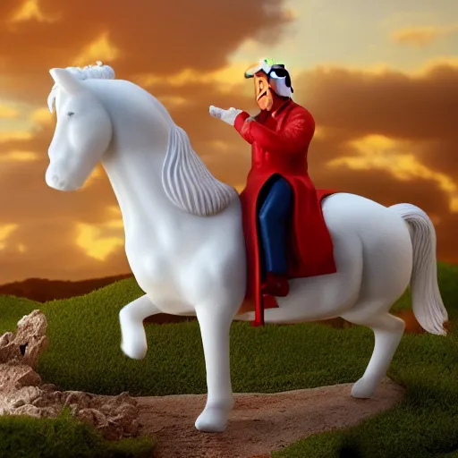 Image similar to Donald Trump riding a white horse, wide lens, diorama, 4k, photorealism