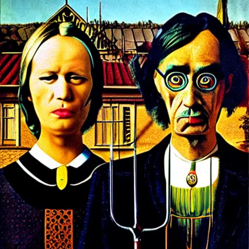 Image similar to salvador dali and andy warhol in the style of american gothic