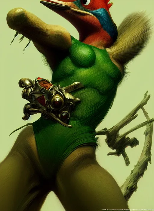 Prompt: portrait of aggressive woody the woodpecker, d & d, muscular! green, fantasy, intricate, elegant, highly detailed, digital painting, artstation, concept art, smooth, sharp focus, illustration, art by artgerm and greg rutkowski and alphonse mucha