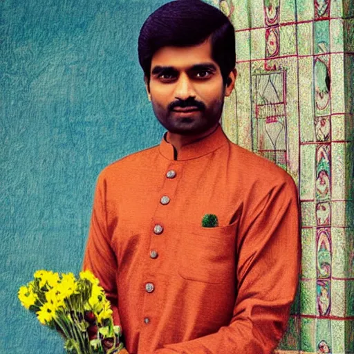 Prompt: indian guy holding flowers, looking nostalgic, in love, in a dapper kurta, very beautiful artwork by Wes Anderson