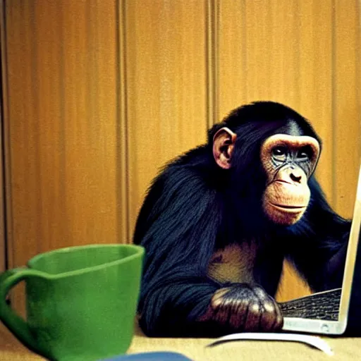 Image similar to chimp in an office job cubicle on computer, 9 0 s photograph