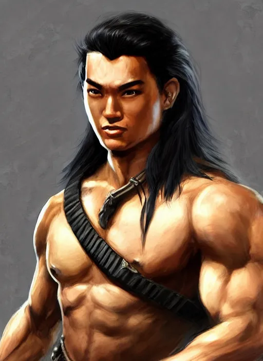 Image similar to muscly asian man with medium black parted hair, dndbeyond, bright, colourful, realistic, dnd character portrait, full body, pathfinder, pinterest, art by ralph horsley, dnd, rpg, lotr game design fanart by concept art, behance hd, artstation, deviantart, hdr render in unreal engine 5