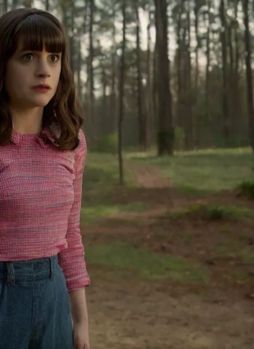 Prompt: film still of zooey channel as Eleven in stranger things,