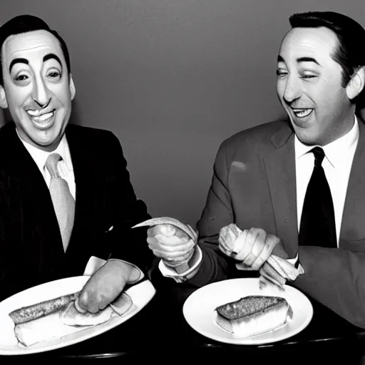 Prompt: Peewee Herman and Donald Trump eating a sandwich, smiling huge