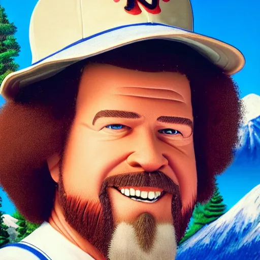 Image similar to a closeup photorealistic photograph of bob ross crafting an image of kenny powers baseball, a painting on a canvas. mountains and trees. film still. brightly lit scene. this 4 k hd image is trending on artstation, featured on behance, well - rendered, extra crisp, features intricate detail, epic composition and the style of unreal engine.