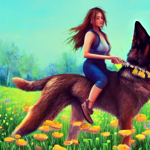 Image similar to girl riding a giant German shepherd in a field of flowers, trending on artstation