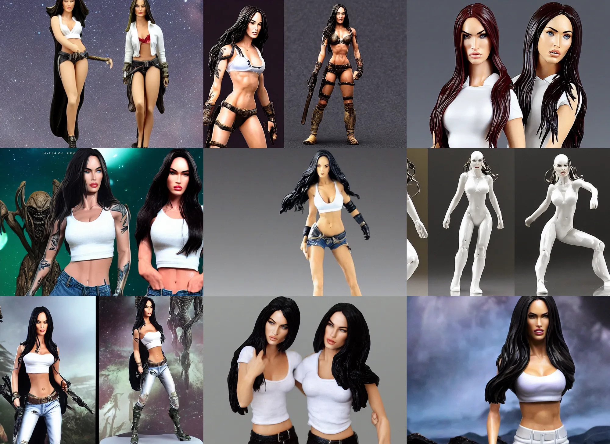Prompt: Image on the store website, eBay, Full body, 80mm resin detailed miniature of Megan Fox in white shirts stand next to an Alien warrior