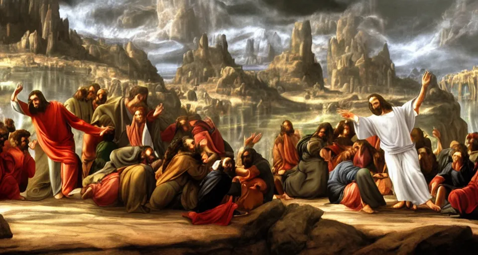 Image similar to jesus dabs in front of the apostles, matte painting, concept art, michaelangelo