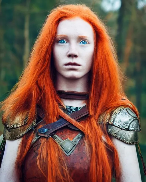 Image similar to north female warrior, red hair, ginger hair, long hair, fantasy, female Viking, high detailed, photography, cloudy, lightweight leather armour, Scandinavia, plain, detailed face, cute face, look into the distance, professional model, glowing skin, serious face, full body, professional photographer, masterpiece, extremely detailed, professional camera, 50 mm, 8k, 3D