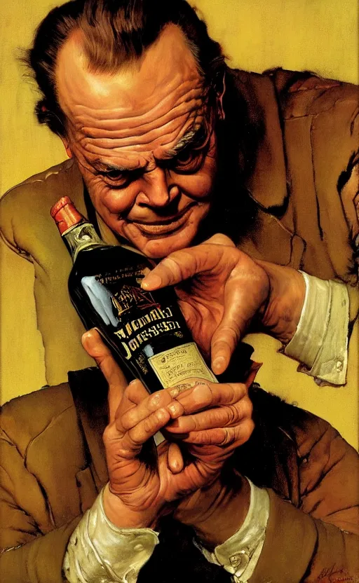 Image similar to illustration of a bottle of whiskey with jack nicholson inside, by norman rockwell, roberto ferri, daniel gerhartz, edd cartier, jack kirby, howard brown, ruan jia, tom lovell, jacob collins, dean cornwell