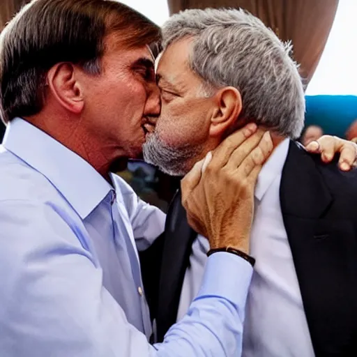 Prompt: photo of Jair Bolsonaro kissing Lula