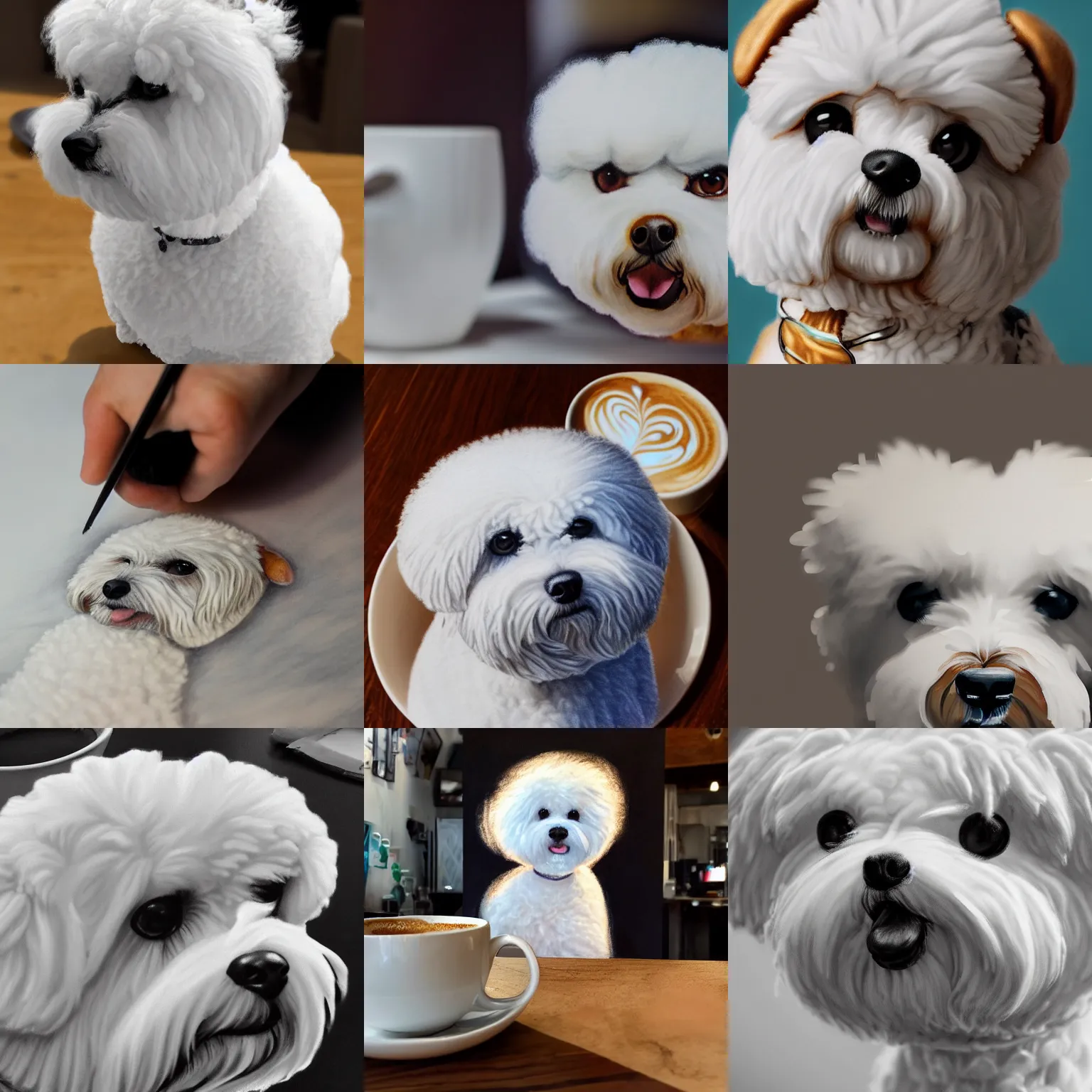 Prompt: a closeup photorealistic photograph of latte art drawing of bichon frise. professional capture, well lit shot. this 4 k hd image is trending on artstation, featured on behance, well - rendered, extra crisp, features intricate detail, epic composition and the style of unreal engine.