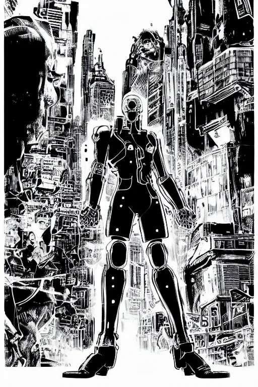 Image similar to ultron standing heroically, a page from cyberpunk 2 0 2 0, style of paolo parente, style of mike jackson, adam smasher, johnny silverhand, 1 9 9 0 s comic book style, white background, ink drawing, black and white