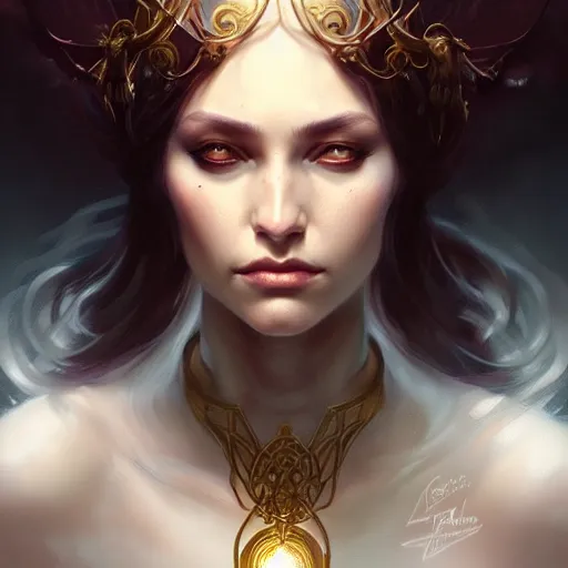 Prompt: Portrait of female sorceress, dark fantasy, medium shot, intricate, elegant, highly detailed, digital painting, artstation, concept art, smooth, sharp focus, illustration, art by artgerm and greg rutkowski and alphonse mucha