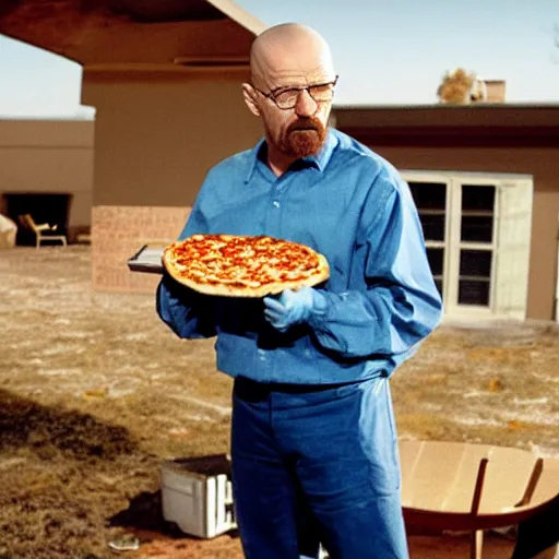 Prompt: walter white eats a pizza on the roof,