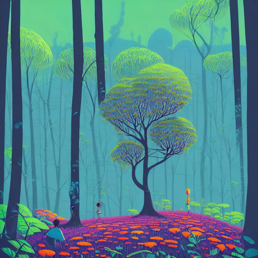 Image similar to ( ( ( ( ( gediminas pranckevicius ) ) ) ) ), stillness under bo tree in a jungle wild flower garden summer morning, very coherent and colorful high contrast art by james gilleard floralpunk screen printing woodblock, dark shadows, pastel color, hard lighting