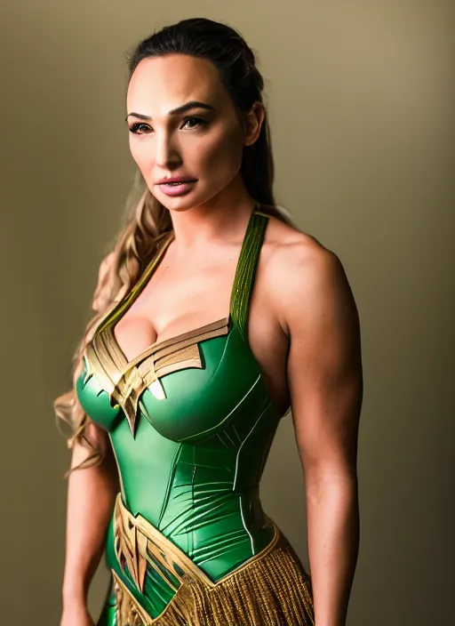 Image similar to portrait of lindsey pelas transforming into gal gadot wearing a green kebaya, by charlotte grimm, natural light, detailed face, canon eos c 3 0 0, ƒ 1. 8, 3 5 mm, 8 k, medium - format print, half body shot