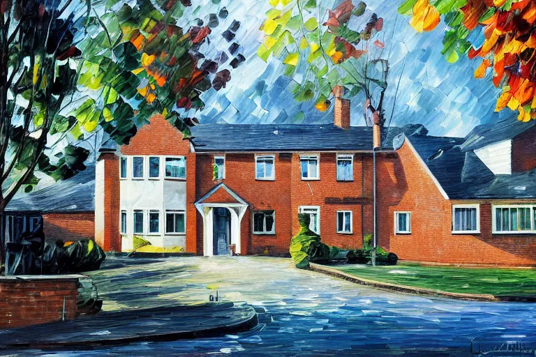 Image similar to cyberpunk, an estate agent listing photo, external view of a 5 bedroom detached countryside house in the UK, summer, sunny day, by Leonid Afremov