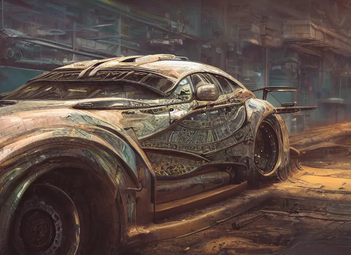 Prompt: detailed concept art illustration oil painting of a solarpunk muscle car in full intricate detail, ultra detailed, digital art, octane render, 4K, dystopian, micro details